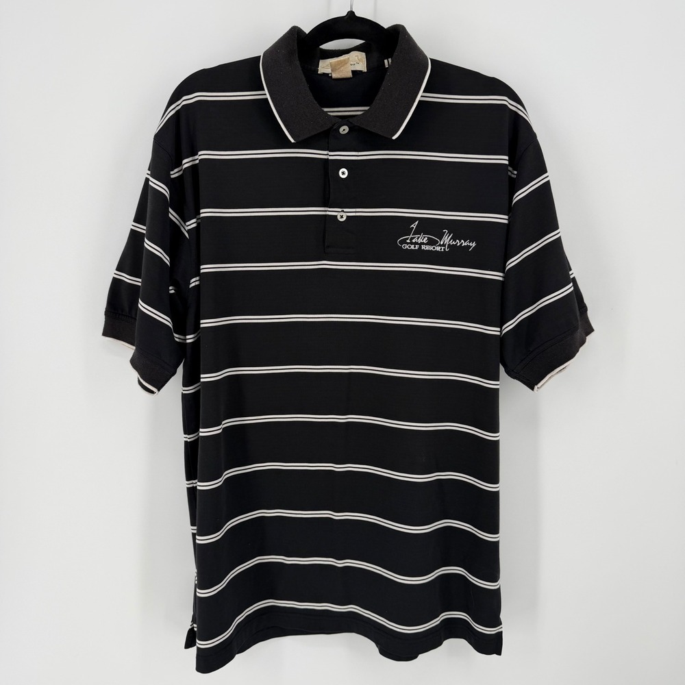 Sahara Lake Murray Golf Resort Mens Large Black White Striped Polo Shirt